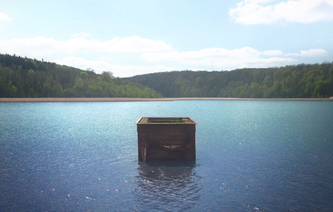 Floating Wooden Structure on Calm Lake Surrounded by Forest - Free Images, Stock Photos and Pictures on Pikwizard.com