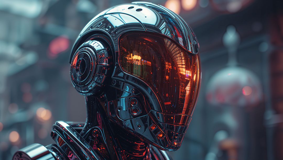 Futuristic Humanoid Robot with Chrome Panels and Orange Visor in Lab