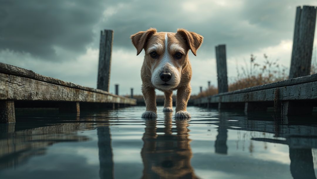 Curious Terrier Balancing on Rustic Dock over Calm Water