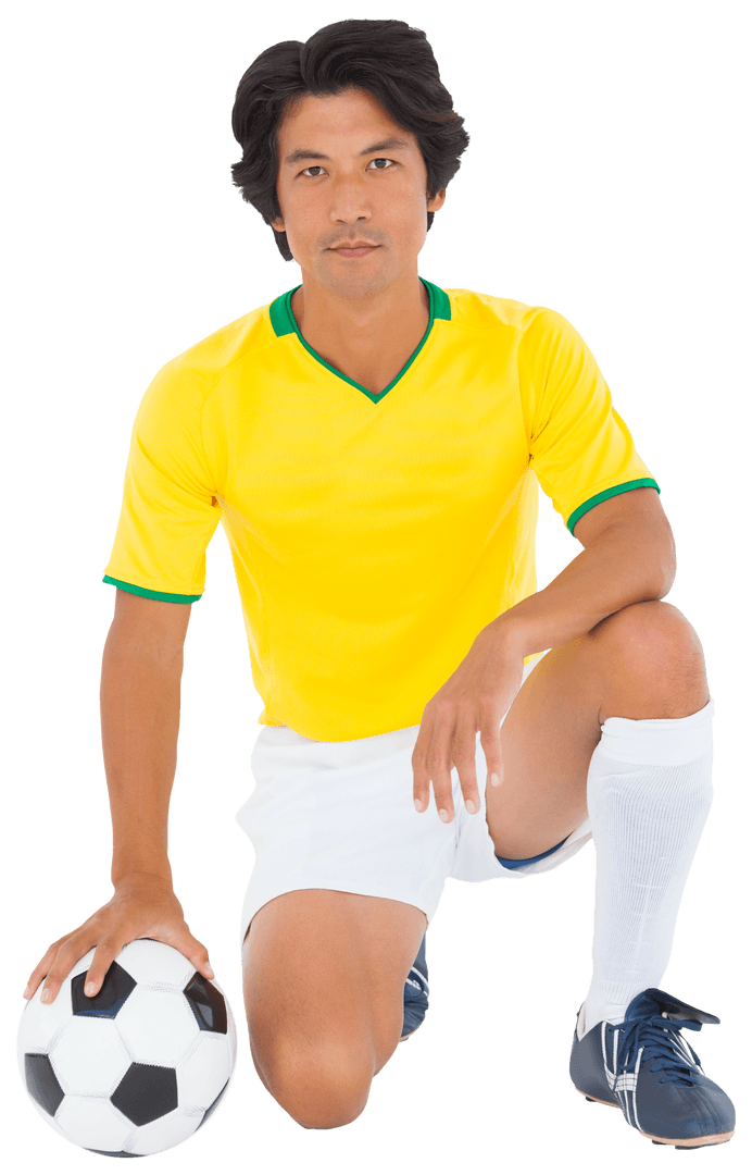 Transparent Background Soccer Player with Yellow Jersey Kneeling