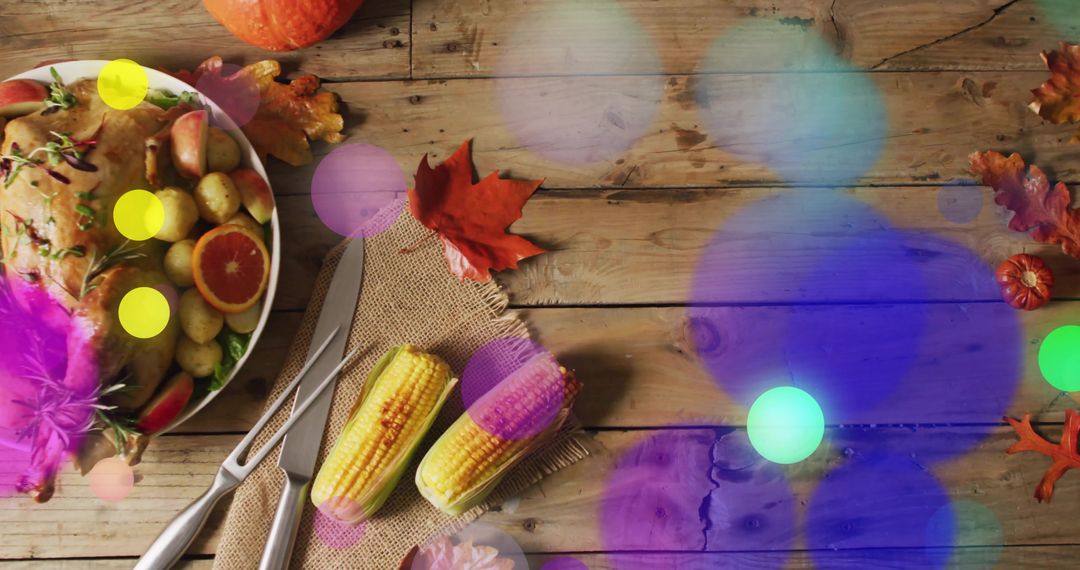 Thanksgiving Roasted Turkey with Grilled Corn on Rustic Wooden Table, Autumn Bokeh