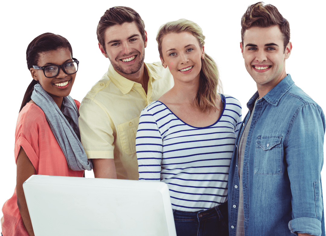 Diverse Team Collaborating Around Computer in Casual Wear
