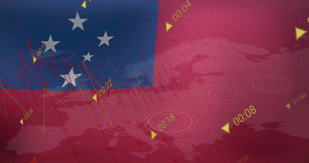 Flag of Samoa Over Digital Time Visual on Red Map Background