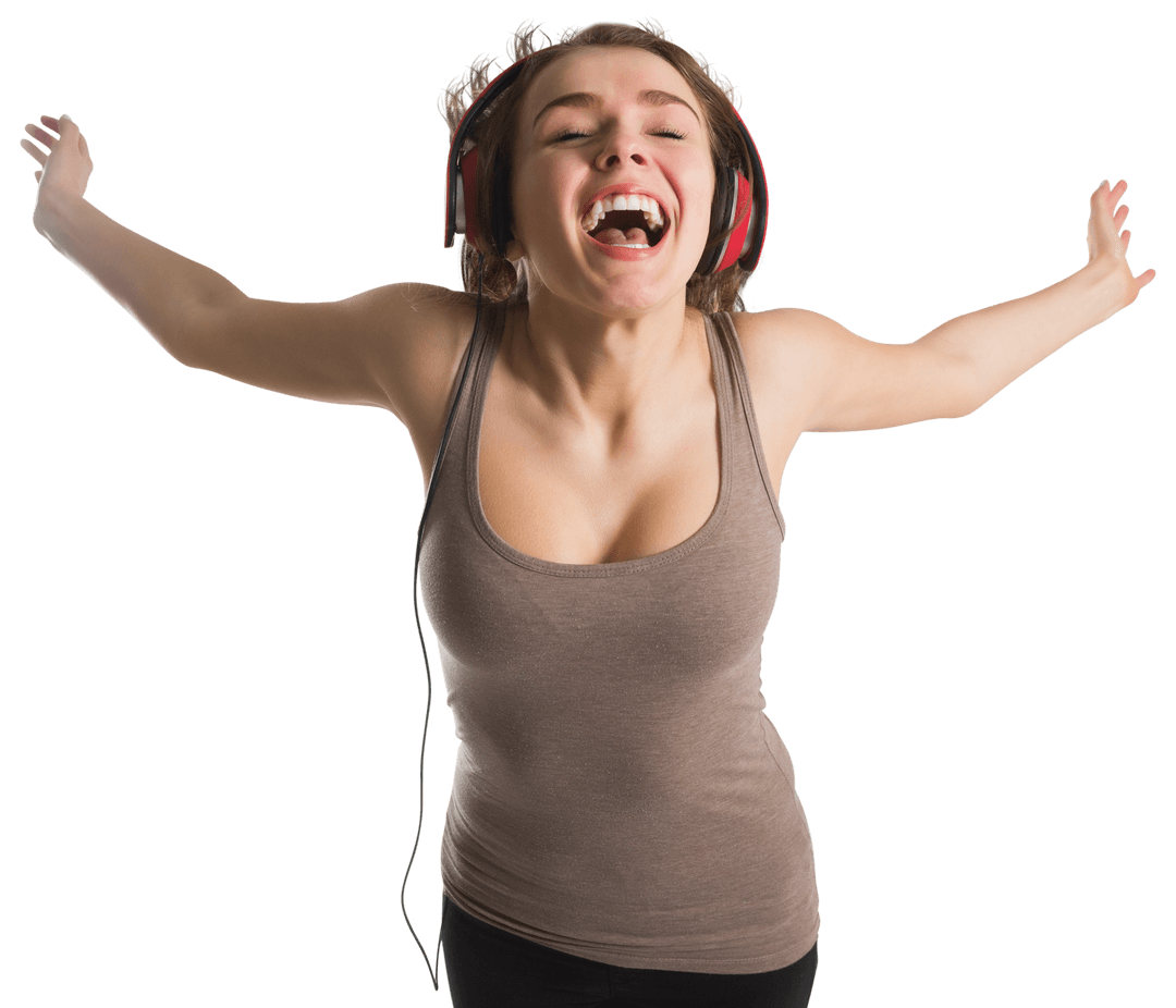 Joyful Woman Jumping with Headphones on Transparent Background