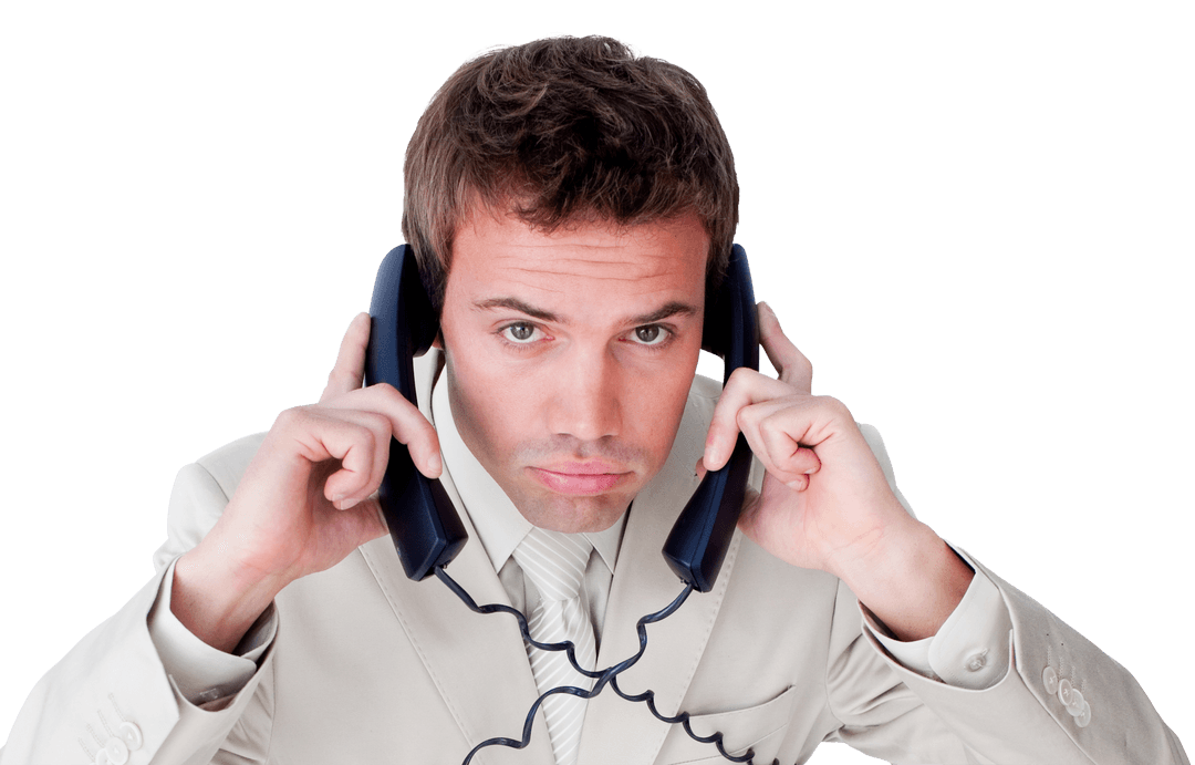 Confident Businessman Managing Two Phone Calls Transparently