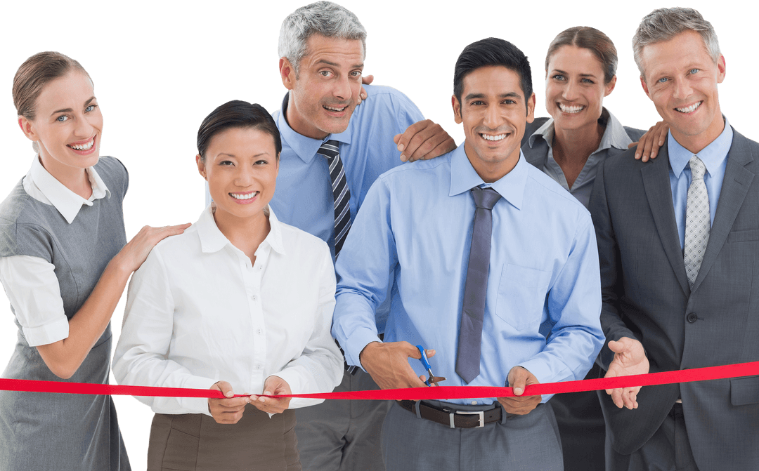 Transparent Business Team Cutting Ribbon at Office