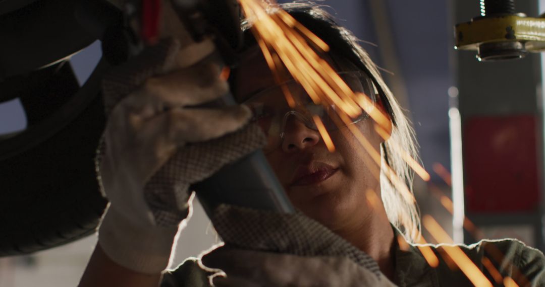 Female Mechanic Using Grinder with Sparks Flying in Workshop - Free Images, Stock Photos and Pictures on Pikwizard.com