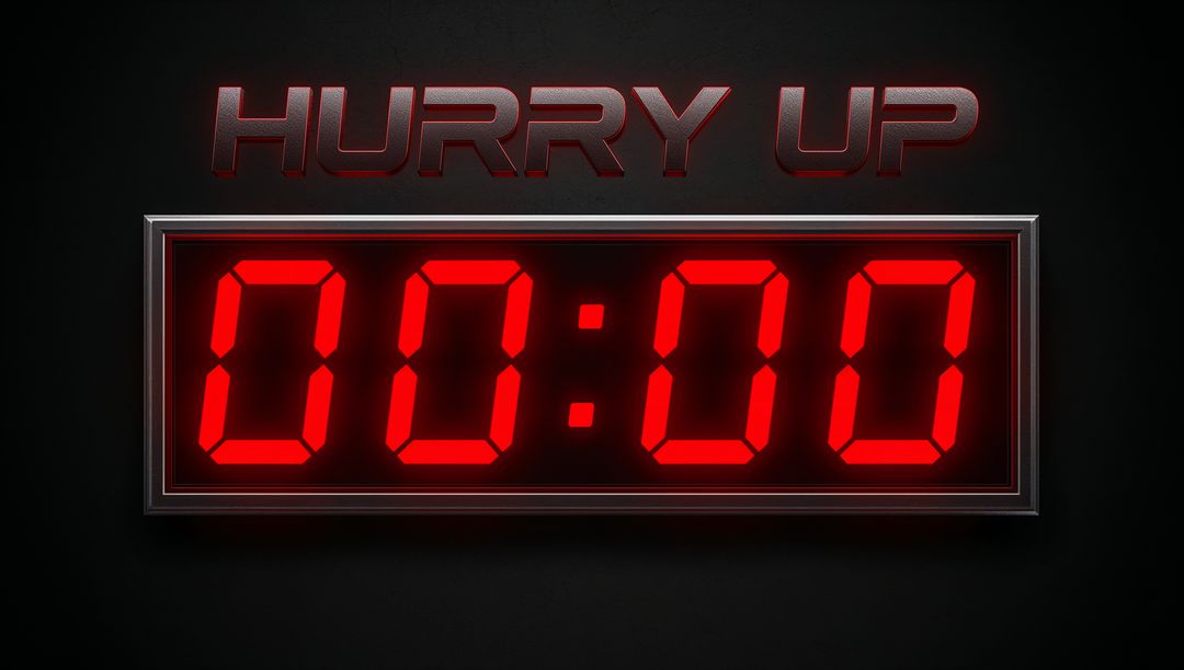 Displaying red LED countdown 00:00 with HURRY UP metallic sign for urgent deadline