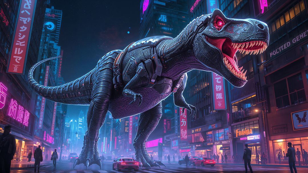 Futuristic Cyberpunk City with Armored Robo-Tyrannosaurus Rex