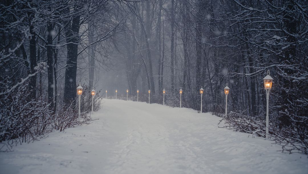 Glowing vintage lanterns leading snow-covered pathway through misty twilight winter forest