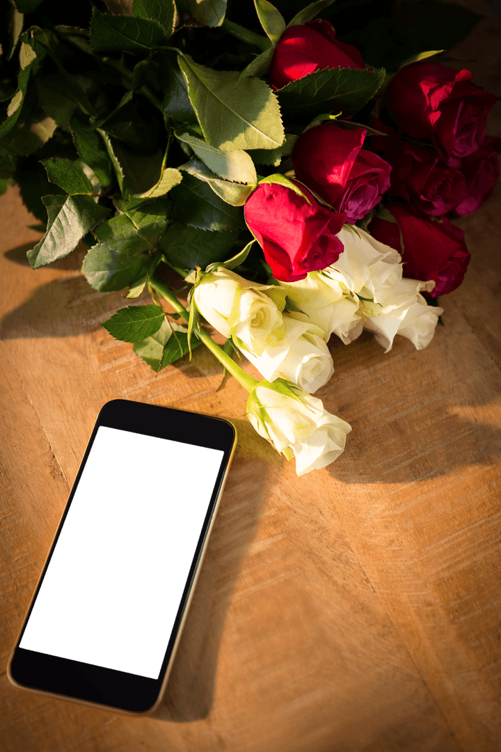 Transparent Mobile Phone Nearby Bouquet of Roses on Rustic Table