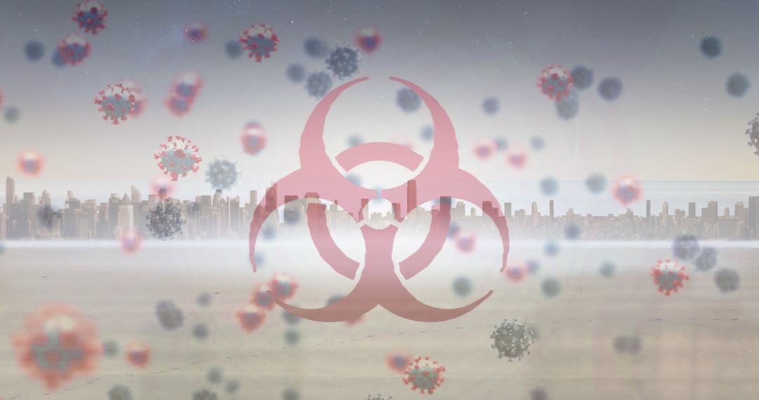 Biohazard Symbol Over Cityscape With Virus Particles