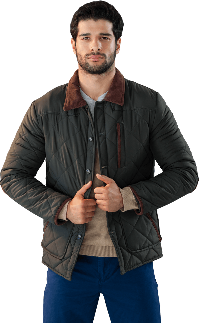 Transparent Confident Young Man in Quilted Jacket Posing