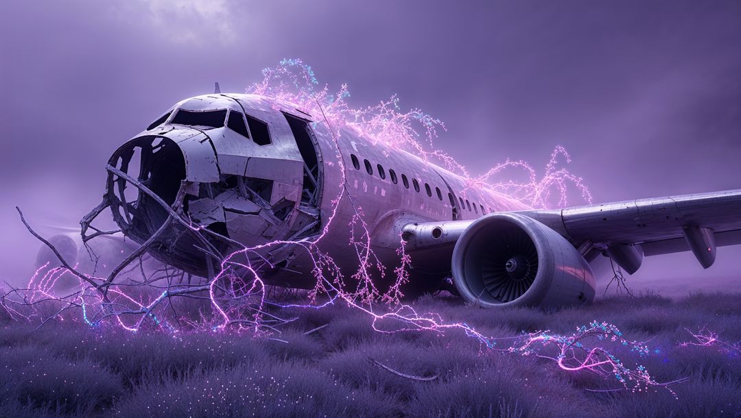 Futuristic scene of abandoned plane crash with glowing tendrils
