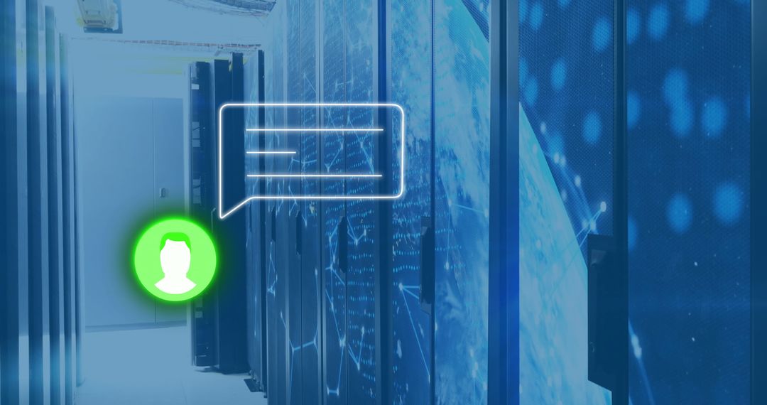 Futuristic Data Center Servers with Digital Network Icons