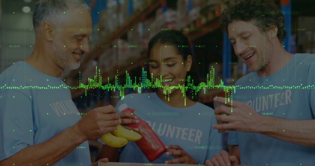 Volunteers in Warehouse Collaborating with Financial Data Overlay