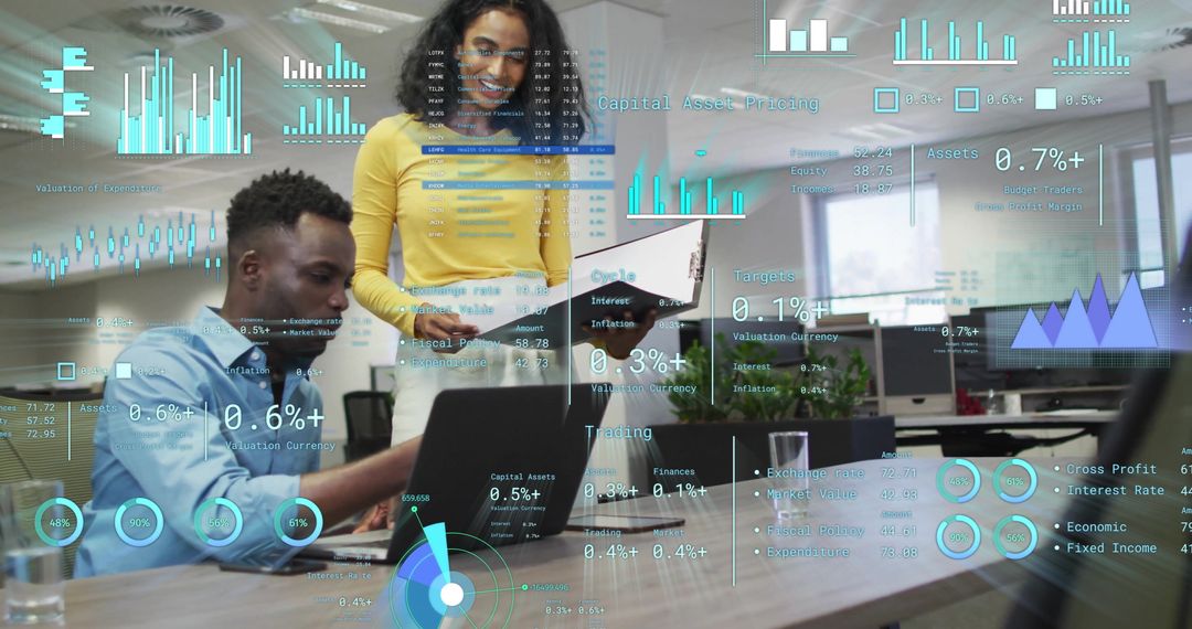 Diverse Professionals Engaging in Financial Data Analysis in Modern Office