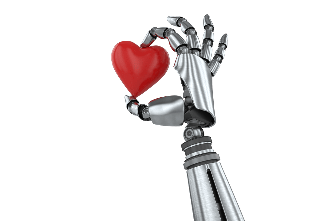 Transparent Robotic Hand Holding Heart Symbol of Modern Love