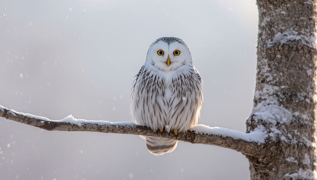 Snowy owl perching on snow-dusted birch branch facing camera in winter woodland