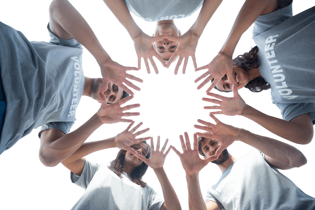 Low Angle View Volunteers Forming Transparent Circle With Hands