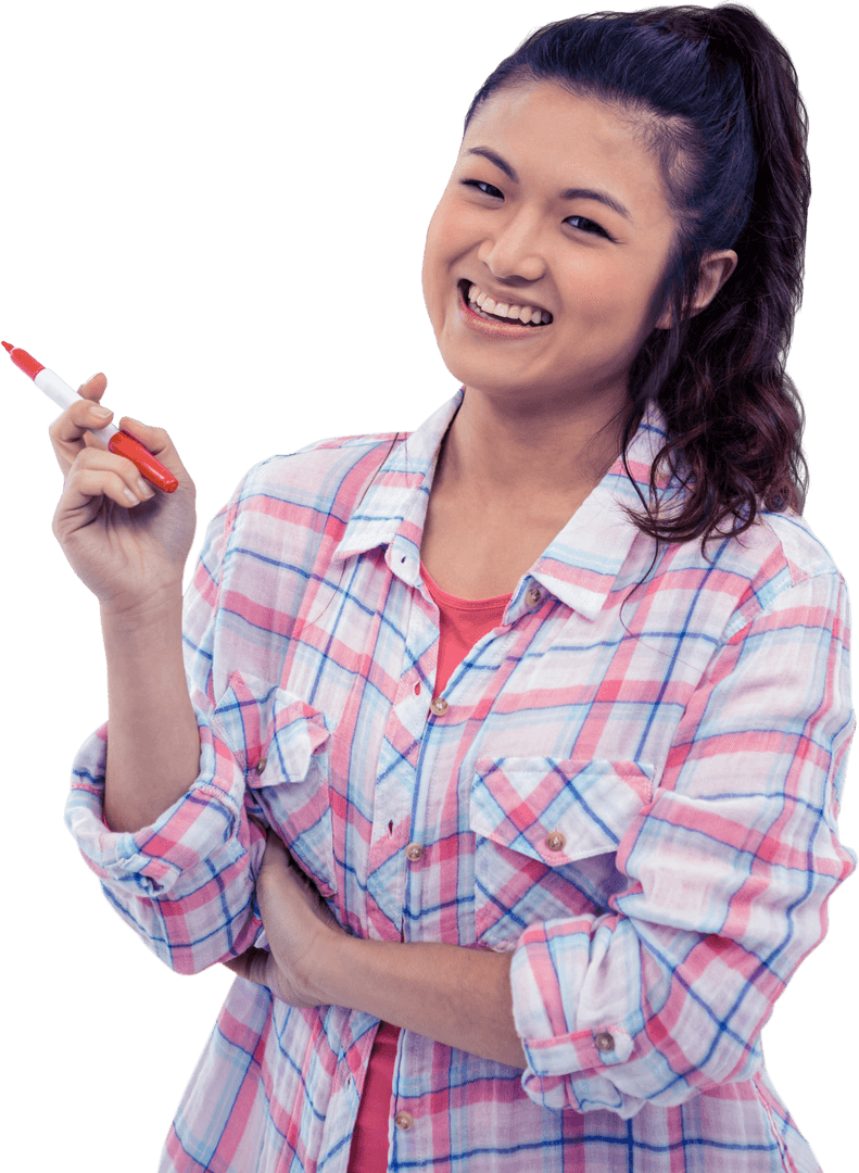 Smiling Asian Woman with Marker on Isolated Transparent Background