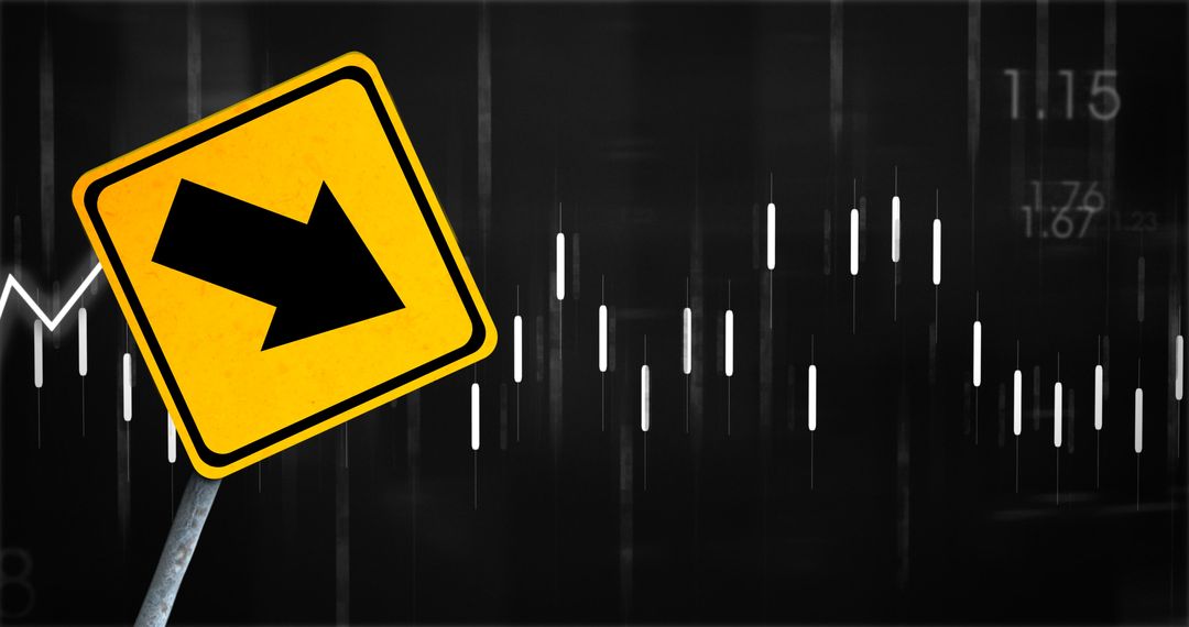 Downward Arrow Sign with Financial Data Background
