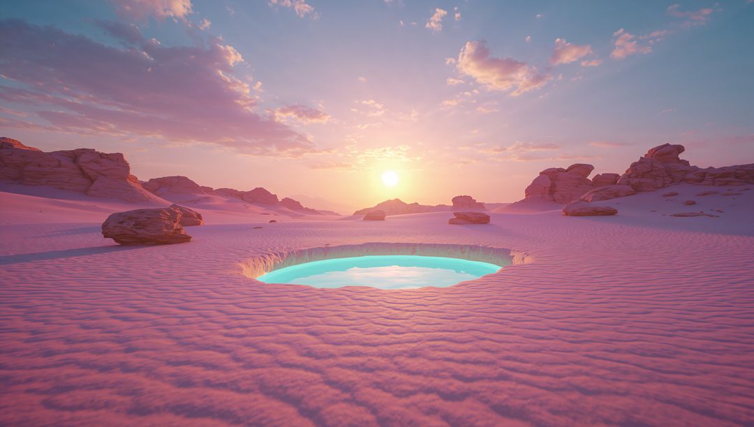 Serene Desert Sunset with Illuminated Turquoise Pool and Sandstone Formations