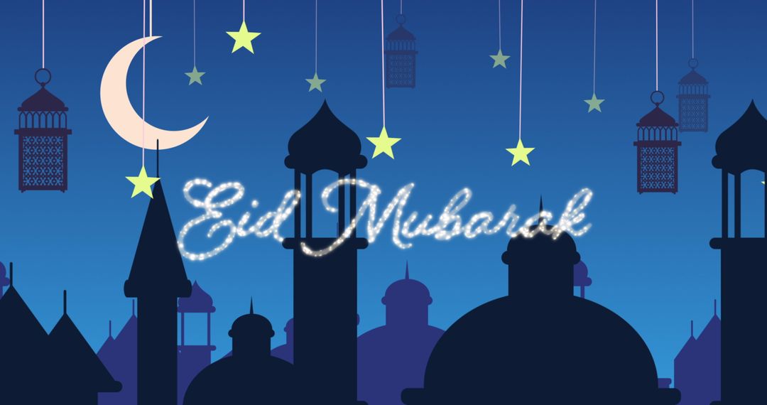 Eid Mubarak Greeting with Mosque Silhouettes and Stars - Free Images, Stock Photos and Pictures on Pikwizard.com