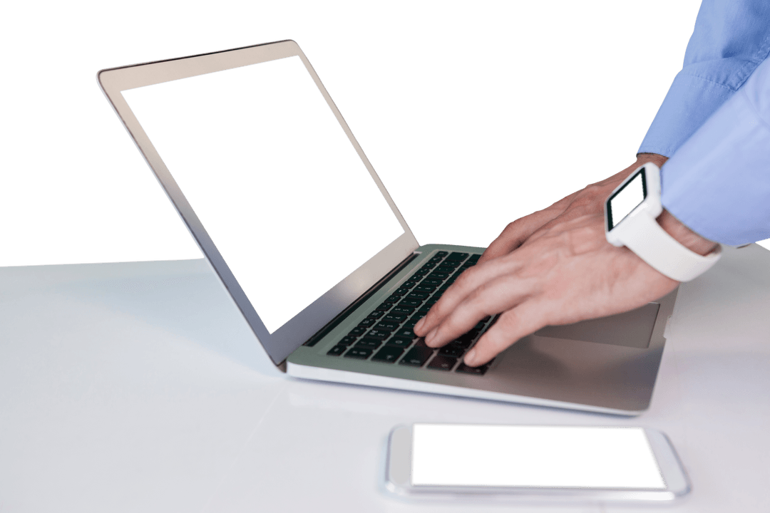 Transparent Hands Typing on Laptop with Smartphone Nearby