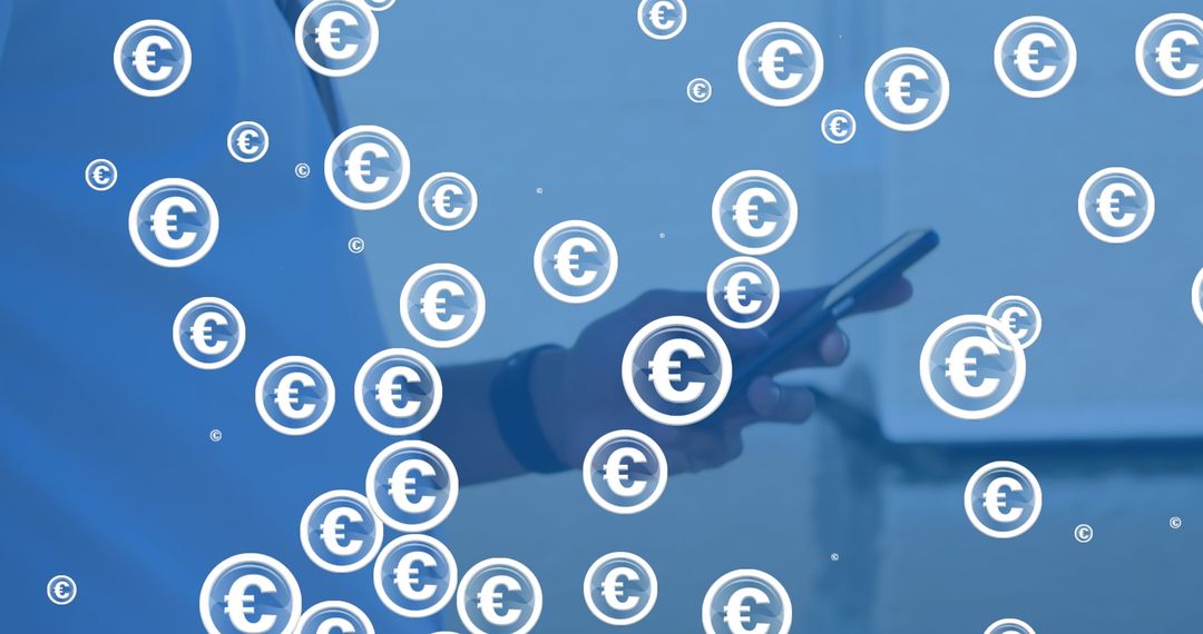 Young Man using Smartphone with Floating Euro Symbols