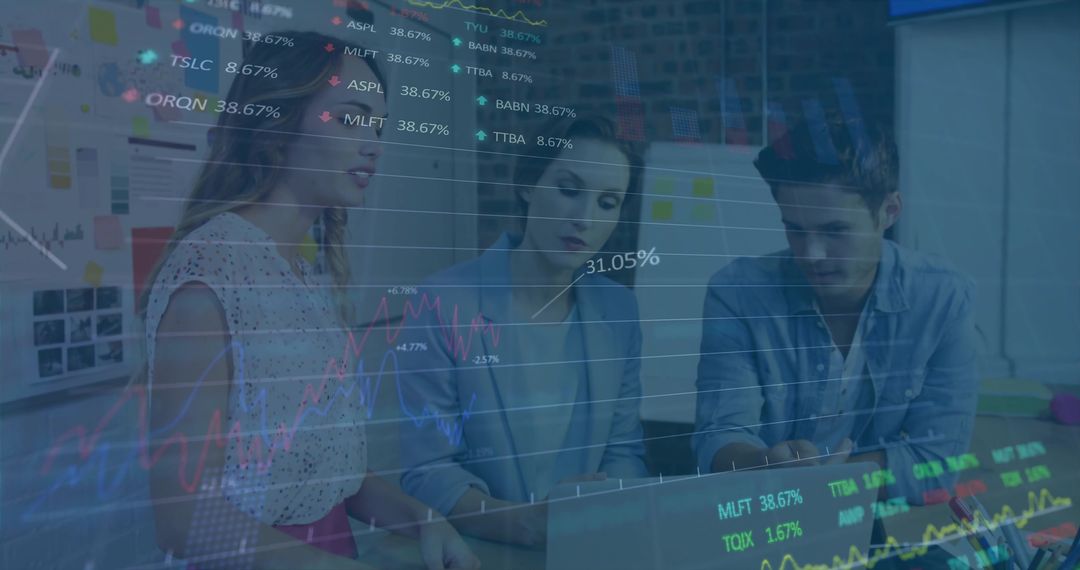 Team analyzing financial data with digital charts overlay collaborating on strategy