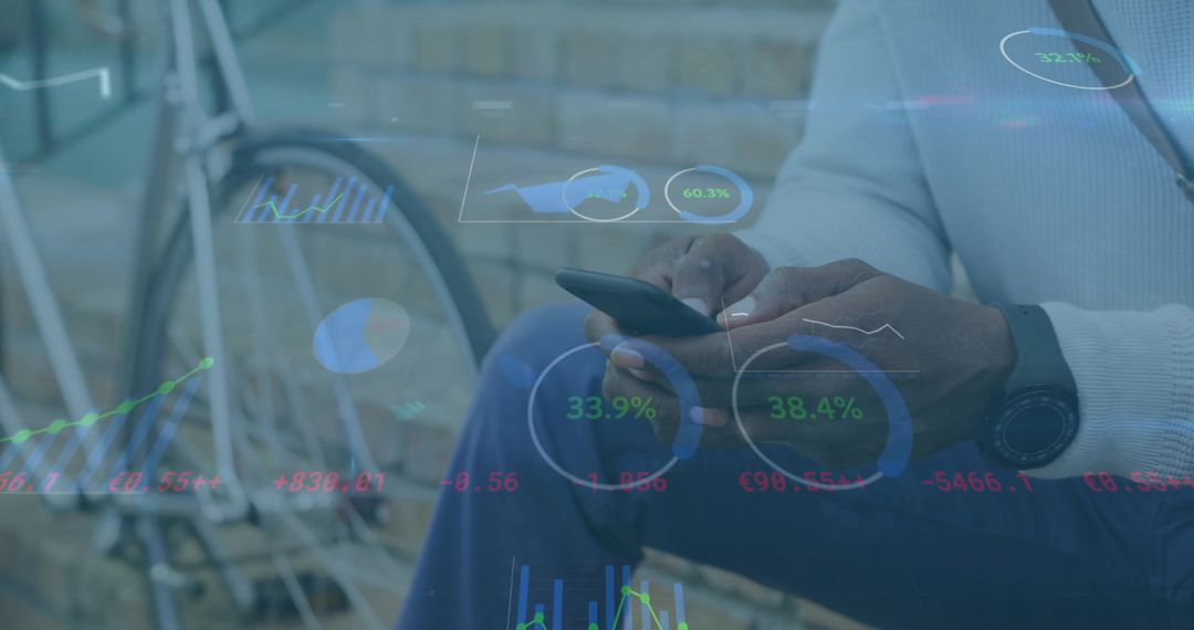 Mature man tapping smartphone with financial analytics hologram overlay near bicycle