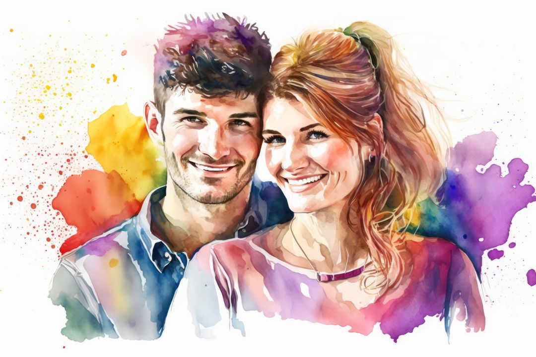 Watercolour portrait of smiling couple, created using generative ai technology - Free Images, Stock Photos and Pictures on Pikwizard.com