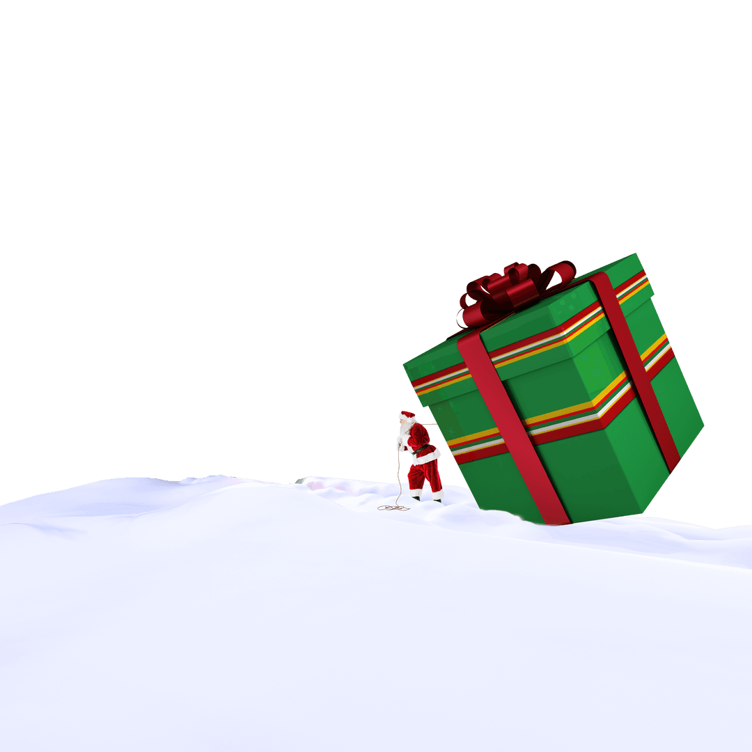 Santa Carrying Giant Gift in Snow on Transparent Background