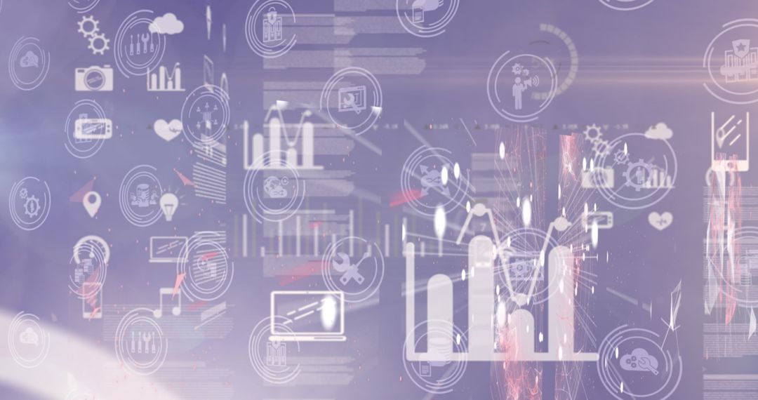 Futuristic Digital Interface with Data Icons Over City Background