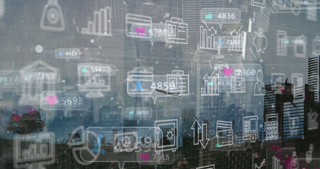 Futuristic Cityscape with Transparent Data Interface Overlay