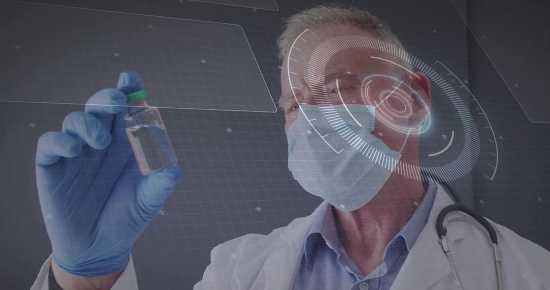 Senior Doctor Examining Vial with Futuristic Holographic Interface