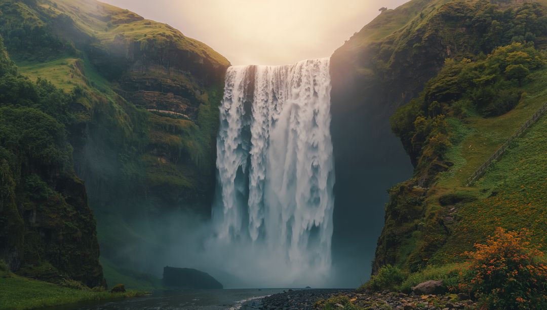Dramatic Waterfall with Moss-Laden Cliffs in Misty Gorge