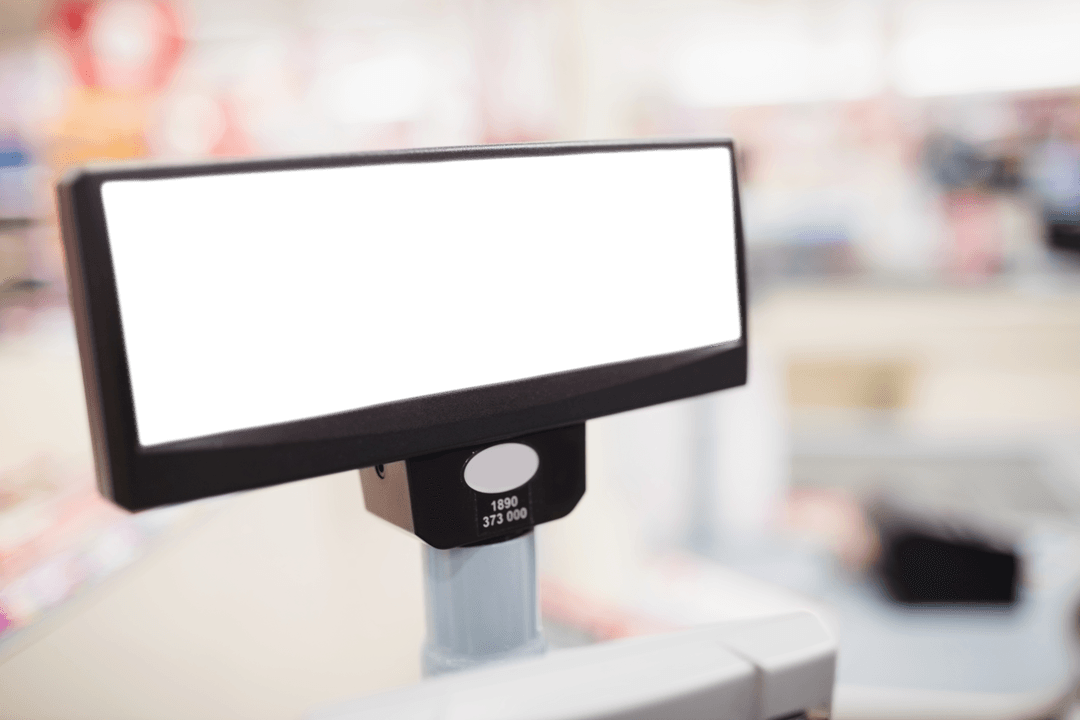 Transparent Cash Register Screen in Supermarket Focus