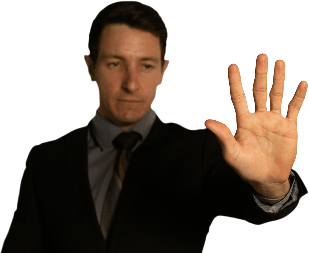 Businessman touching transparent screen with gesture control