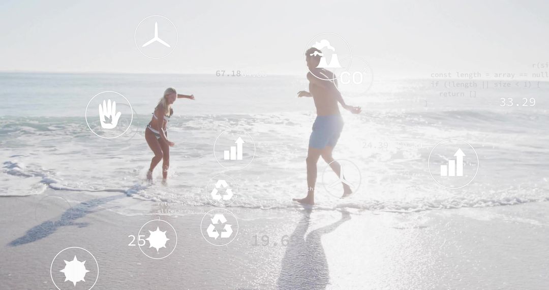 Couple Enjoying Skimboarding on Sunny Beach with Data Overlay