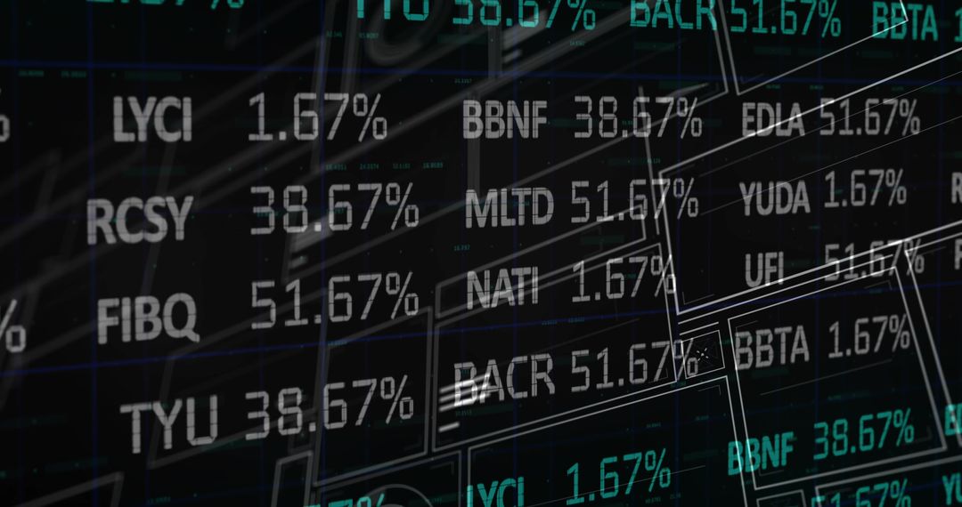 Displaying digital stock ticker dashboard with percentages, wireframe overlays, analytics