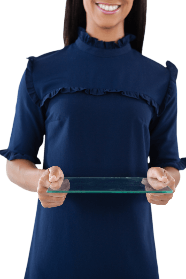 Smiling Businesswoman Holding Transparent Glass Interface