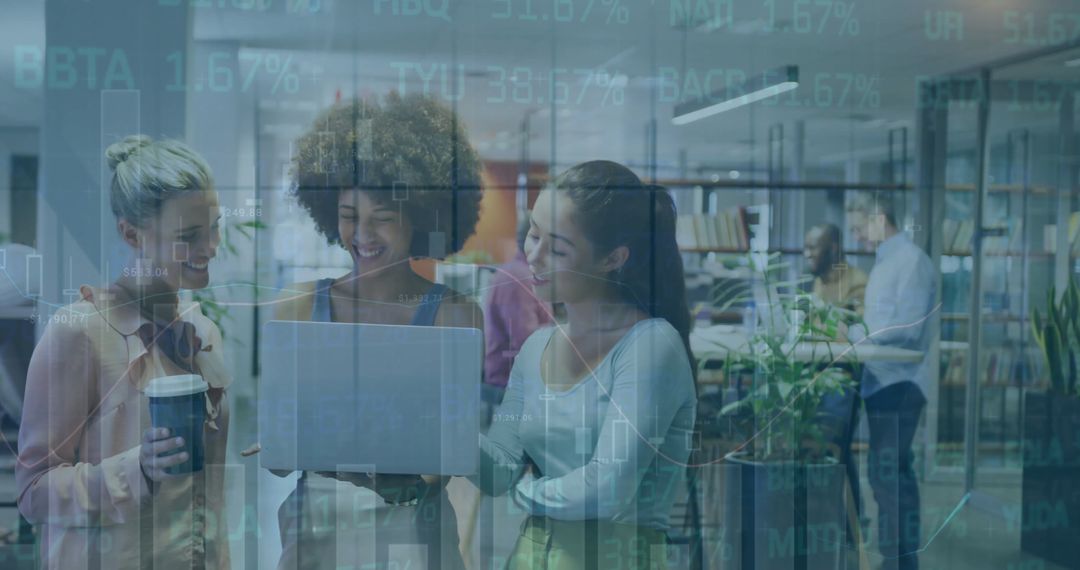 Diverse Team Analyzing Financial Data on Laptop in Modern Office