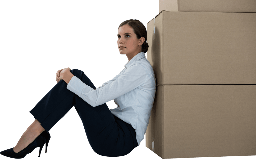 Transparent Thoughtful Woman Leaning on Cardboard Boxes