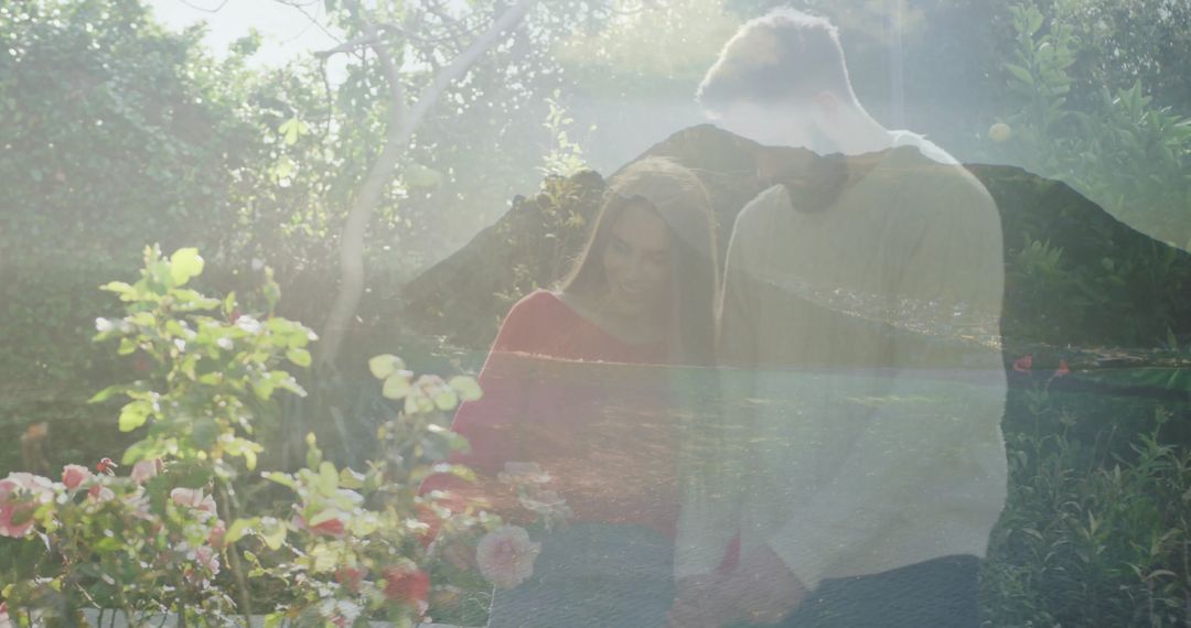 Romantic Couple Strolling in Garden with Scenic Reflection