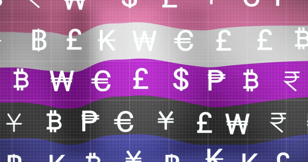 Digital Currency Symbols Flow across Multi-Colored Stripes