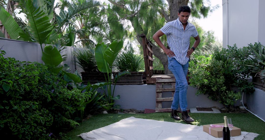 Young Man Practicing Mindfulness in Tranquil Backyard