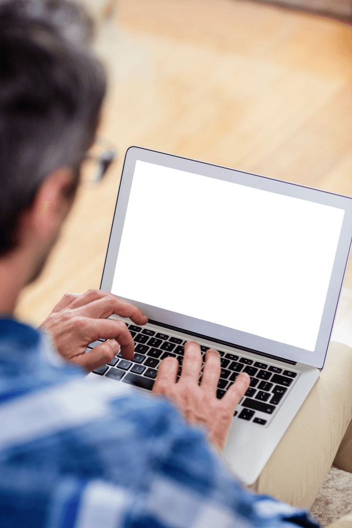 High Angle Transparent Laptop Screen Held by Man.