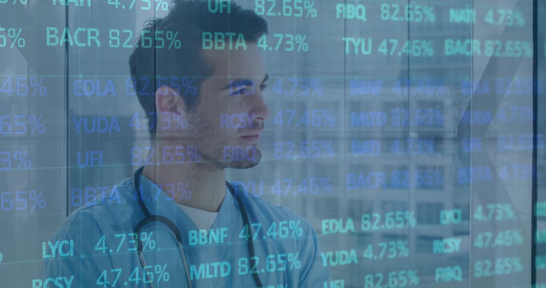 Male Doctor Analyzing Digital Financial Data Overlay